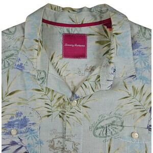 Tommy Bahama Linen Shirt Size Large Cream Green Blue Short Sleeve Camp Hawaiian